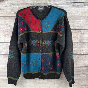 Vintage Woolrich Handframed Wool Cardigan Sweater Floral Embroidered Medium